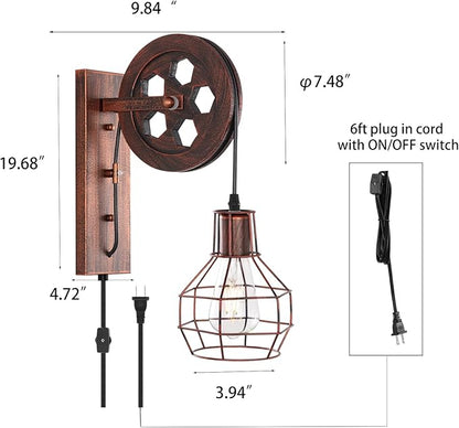 Plug in Wall Sconce Rustic Wall Light Lift Pulley Matte Iron Cage Shade Industrial Mid Century Wall Lamp Indoor Lighting Barn Restaurant Wine Cellar(Rust Color)