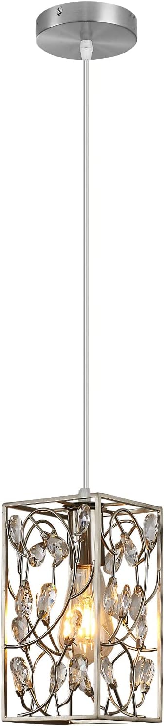 Modern Mini Crystal Pendant Light with Metal Cage 1-Light Rectangular Pendant Lighting Fixture for Kitchen Island Sink Countertop Dining Room Farmhouse, Brushed Nickel Finish