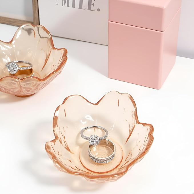 Crystal Orange Flower Ring Dish Jewelry Tray, Decorative Glass Trinket Dish, Modern Accent Tray for Vanity