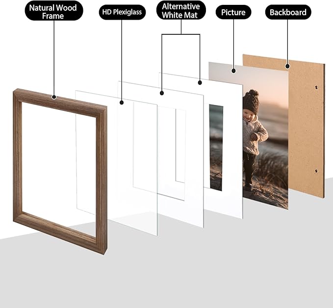 KINLINK 12x16 Picture Frame Brown Wood, Solid Wood Frames with Acrylic Plexiglass for Pictures 11x14/9x12 with Mat or 12x16 without Mat,Wall Display Photo Frame, Set of 4