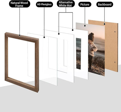 KINLINK 12x16 Picture Frame Brown Wood, Solid Wood Frames with Acrylic Plexiglass for Pictures 11x14/9x12 with Mat or 12x16 without Mat,Wall Display Photo Frame, Set of 4