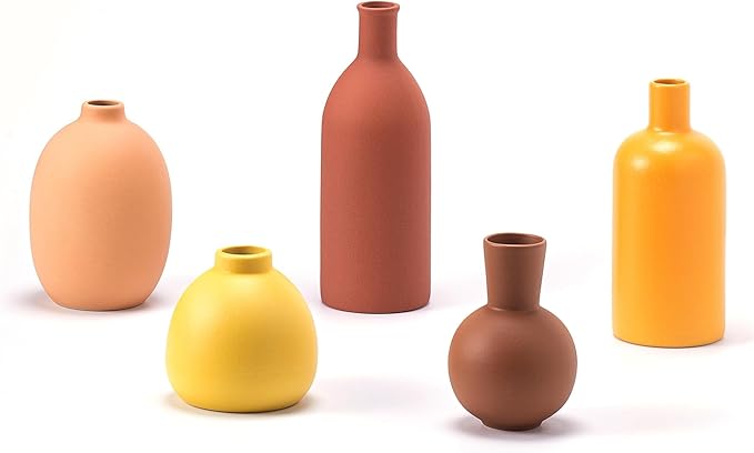 Modern Ceramic Flower Vase Set of 5, Small Flowers Farmhouse Decorative Vases for Bookshelf, Dining Room Coffee Console Table Centerpieces