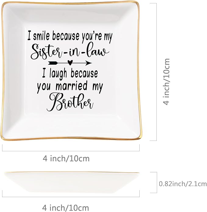 Sister in Law Gifts Ring Dish- I Smiled Because You're My Sister in Law Jewelry Dish Tray Trinket Dish, Birthday Gifts for Sister in Law Wedding Christmas Valentines Mother's Day Gift, White