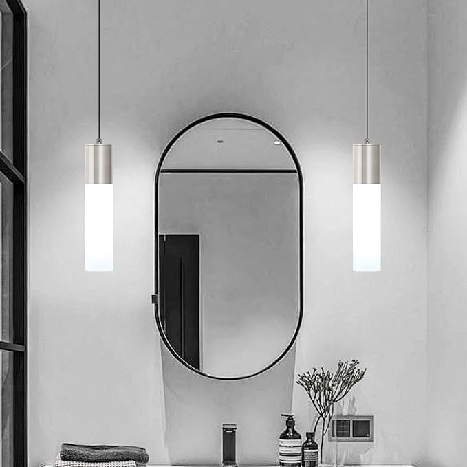 LED Kitchen Pendant Lighting Over Sink 1-Light Brushed Nickel Pendant Lights Modern Dining Table Lights Ceiling Hanging Lamp with Milky White Lampshade, Adjustable Height, 3000K-6000K