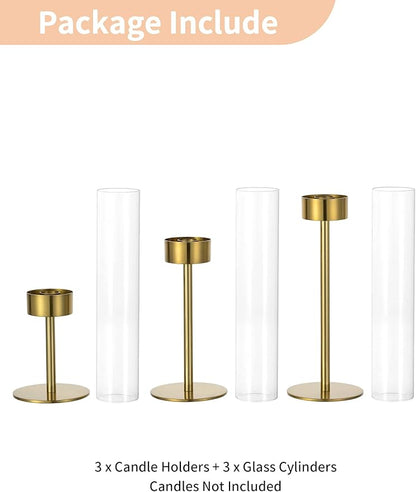 NUPTIO Candlestick Holders for Table Centerpiece: Set of 3 Gold Candle Sticks Holder with Clear Glass Hurricane - Tall Brass Taper Candle Holders for Outdoor Wedding Birthday Decor