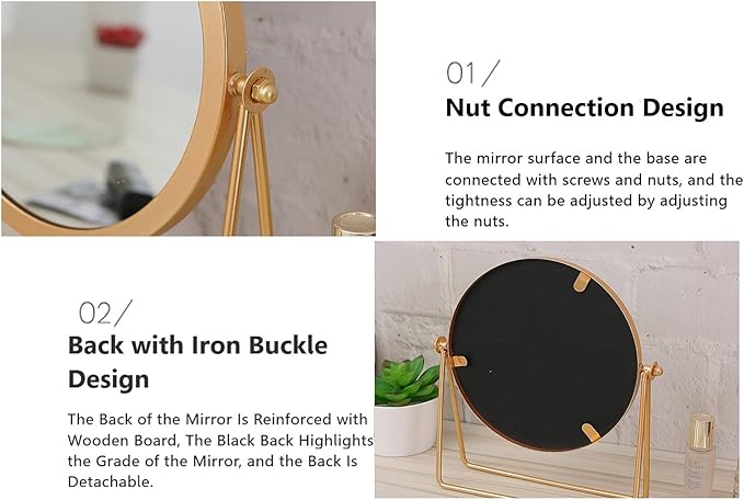 Geschaft Golden Tabletop Single Sided Makeup Mirror, 360°Rotation Iron One-Sided Dressing Table Mirror, Round Swivel Desktop Stand Mirror (Golden - Round),7.1'' (L) x 2'' (W) x 8.5''(H)