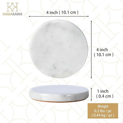 Real Natural Marble Coasters Set of 4, Carrara White Coaster 4 inch, Modern Round Stone, Trendy Drink Coasters for Coffee Table, Kitchen Decor, Office