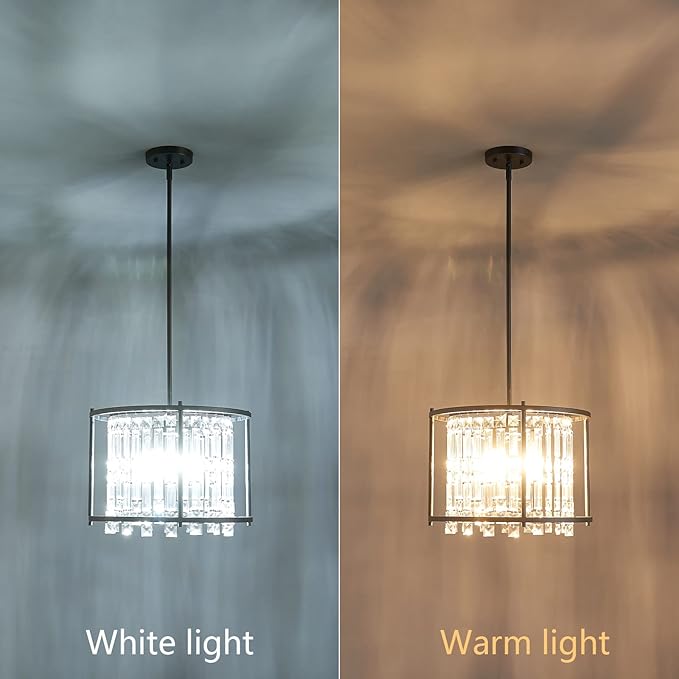 LMQNINE Modern Foyer Chandelier, Black Crystal Chandelier Entryway Pendant Light Fixture, Round Adjustable Height Chandeliers for Kitchen Island, L15.74'' x H10.43''