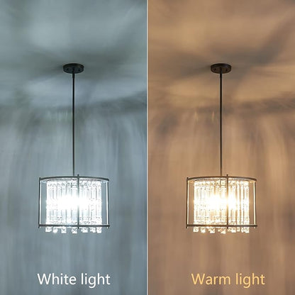 LMQNINE Modern Foyer Chandelier, Black Crystal Chandelier Entryway Pendant Light Fixture, Round Adjustable Height Chandeliers for Kitchen Island, L15.74'' x H10.43''
