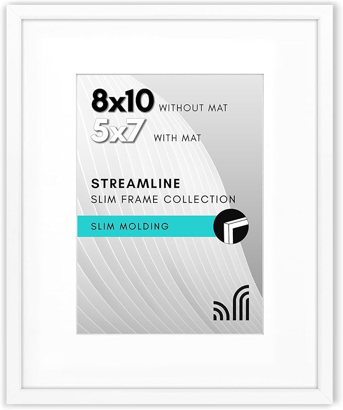 Americanflat 8x10 Picture Frame with Shatter-Resistant Glass - Use as 5x7 Frame with Mat or Display 8x10 Photo Without Mat - Streamline Collection - Picture Frames for Tabletop and Wall - White