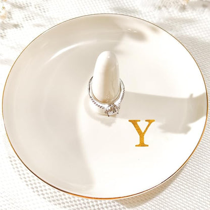 Ceramic Initials Jewelry Tray Ring Dish With Personalized Y-Monogrammed Engagement Wedding Gifts, for Birthday Mother's Day for Women, Ceramic White 4.7" x2.4"