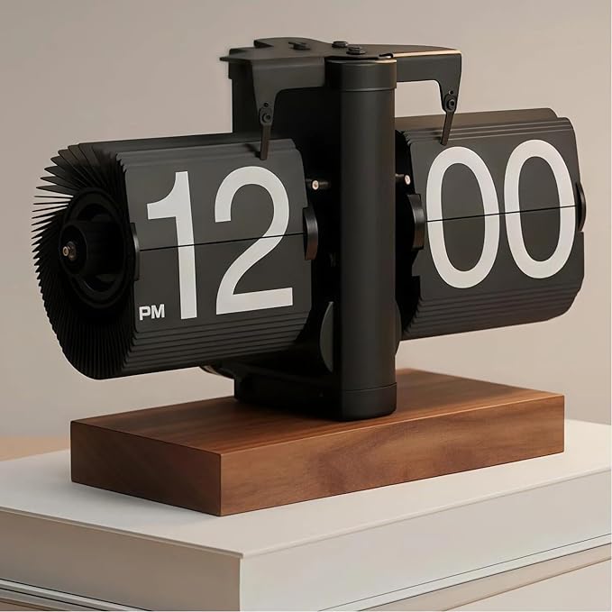 Retro Flip Clock Vintage, Digital Flip Desk Clock Black, Gear Flipping Clock, Mechanical Page Turning with Black Walnut Base for Home, Office, Room Decoration