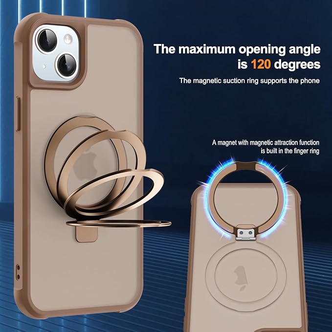 Compatible with iPhone 14 Plus Case with Invisible Magnetic O-Ring Stand Military-Grade Translucent Case for iPhone 14 Plus 6.7" [Compatible with Mag-Safe][Great Grip Feeling],Desert Brown