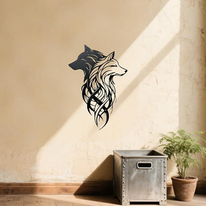 Metal Wolf Wall Art - Yin Yang Black White Dual Wolf Heads Metal Wall Decor, Rustic Home Decor for Cabin Lodge, Office, Living Room, bathroom, Man Cave, 15.7x10.6 Inch, Housewarming Gift for Men