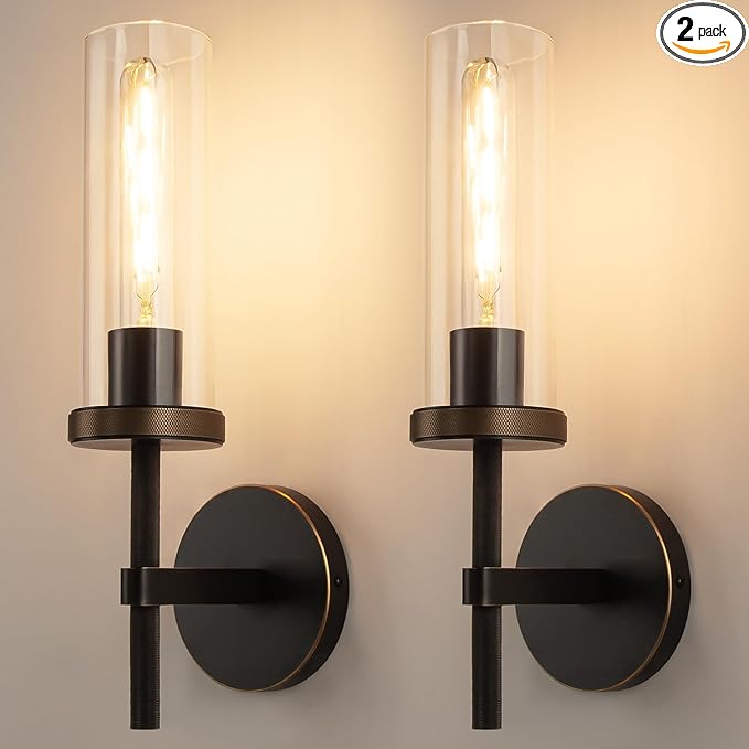 15" Knurled Brass Wall Sconces Set of 2, Black Gold Bathroom Vanity Light Fixtures with Clear Glass Tube, Modern Lamp Lighting for Bedroom, Living Room, Hallway, Staircase, Mirror, Kitchen