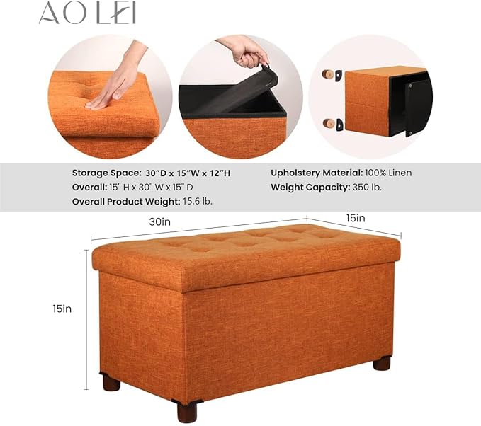 30 Inches Storage Ottoman Bench, Storage Bench with Wooden Legs for Living Room Ottoman Foot Rest Removeable Lid for Bedroom End of Bed, Linen Fabric, Orange