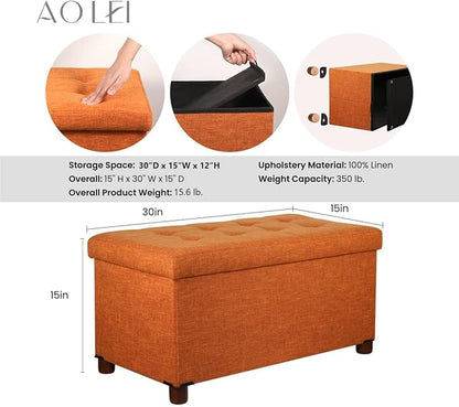 30 Inches Storage Ottoman Bench, Storage Bench with Wooden Legs for Living Room Ottoman Foot Rest Removeable Lid for Bedroom End of Bed, Linen Fabric, Orange