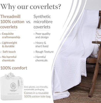 Threadmill Luxury Cotton Blankets for Twin Size Bed | All-Season 100% Cotton Twin Blanket for Bed | Aster Jacquard Lightweight, Soft & Cozy Coverlet, 350GSM, 68x90 inches | White