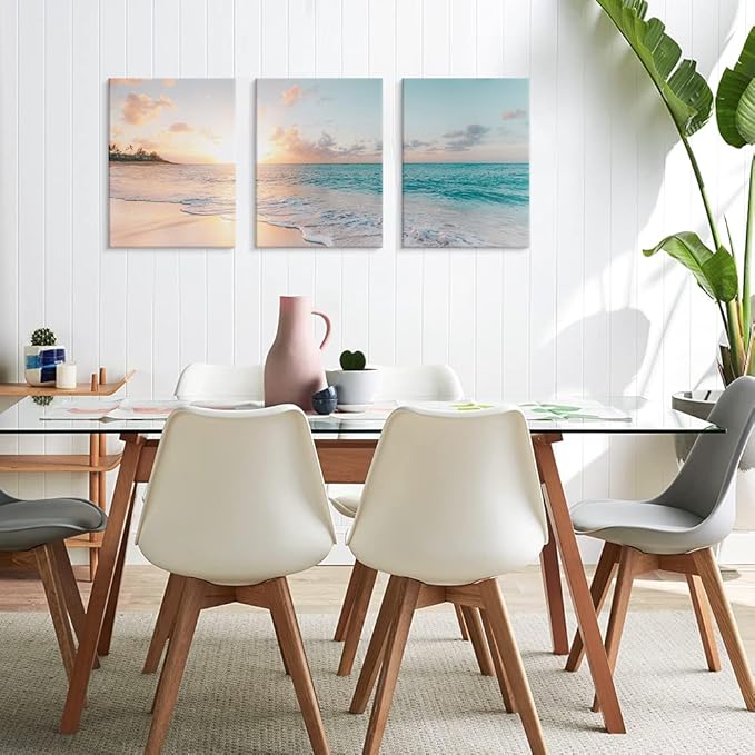 Goldfoilart 3 Pieces Beach Wall Art Sunset Bathroom Canvas Pictures Ocean Wall Decor Waves Prints Paintings for Living Room Bedroom Decorations Ready to Hang 12"x16" x 3pcs