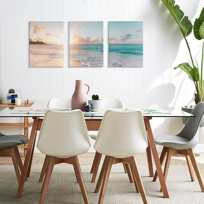 Goldfoilart 3 Pieces Beach Wall Art Sunset Bathroom Canvas Pictures Ocean Wall Decor Waves Prints Paintings for Living Room Bedroom Decorations Ready to Hang 12"x16" x 3pcs