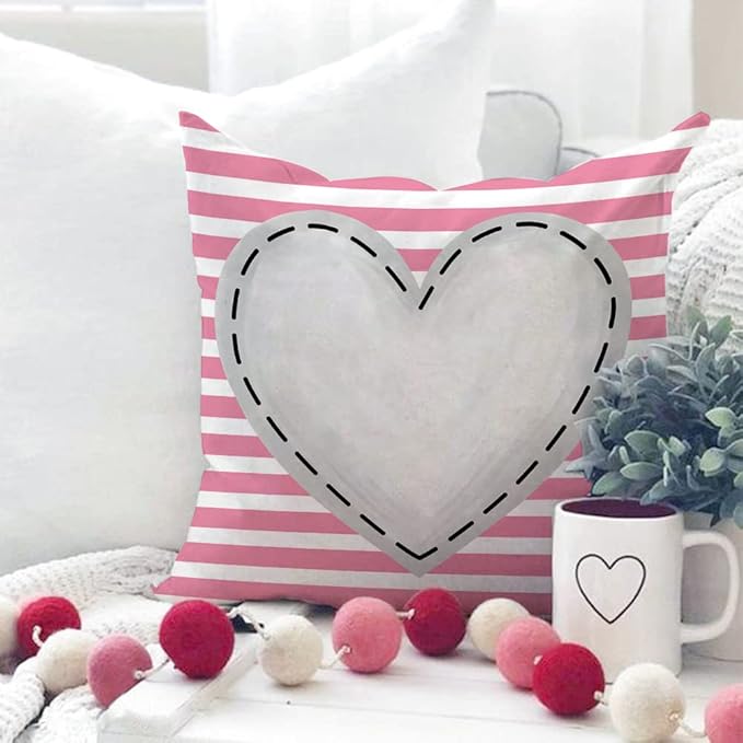 GEEORY Valentines Day Pillow Covers 18X18 inch Set of 4 for Valentines Decor Pink White Stripes Dots Love Heart Valentines Day Throw Pillows Decorative Cushion Cases Valentine Decorations