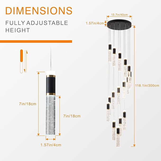 High Ceiling Long Chandelier for Staircase Crystal Drop Light for Living Room Foyer Hallway 3000K-6500K