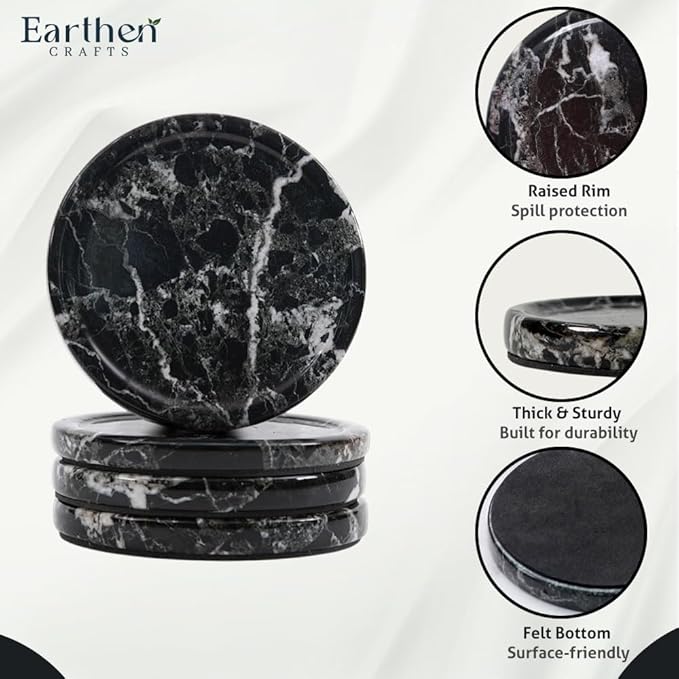 Marble Coasters Set of 4 for Drinks 4 Inches Round Black Stone Drink Coaster, Decorative for Coffee Table Decor, Kitchen Counter & Ideal
