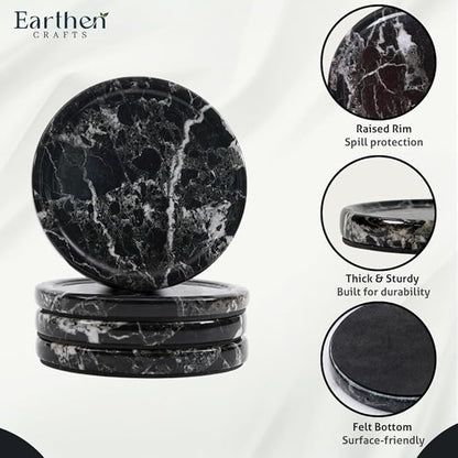 Marble Coasters Set of 4 for Drinks 4 Inches Round Black Stone Drink Coaster, Decorative for Coffee Table Decor, Kitchen Counter & Ideal
