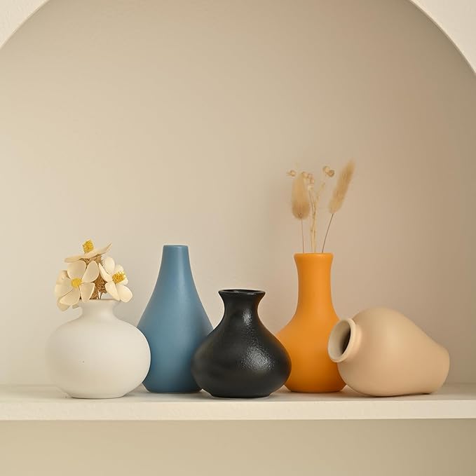 Colorful Ceramic Vase Set of 5, Small Bud Mini Vases for Flowers, Decorative Vase for Floral Arrangements, Table, Cabinet, Living Room, Entryway, Home Decorations