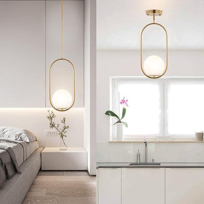 Modern Gold Globe Pendant Light Mid Century Chandelier 1-Light Brushed Brass Ceiling Hanging Lighting Fixture with White Globe Glass Shade for Kitchen Island Dining Room Bedroom