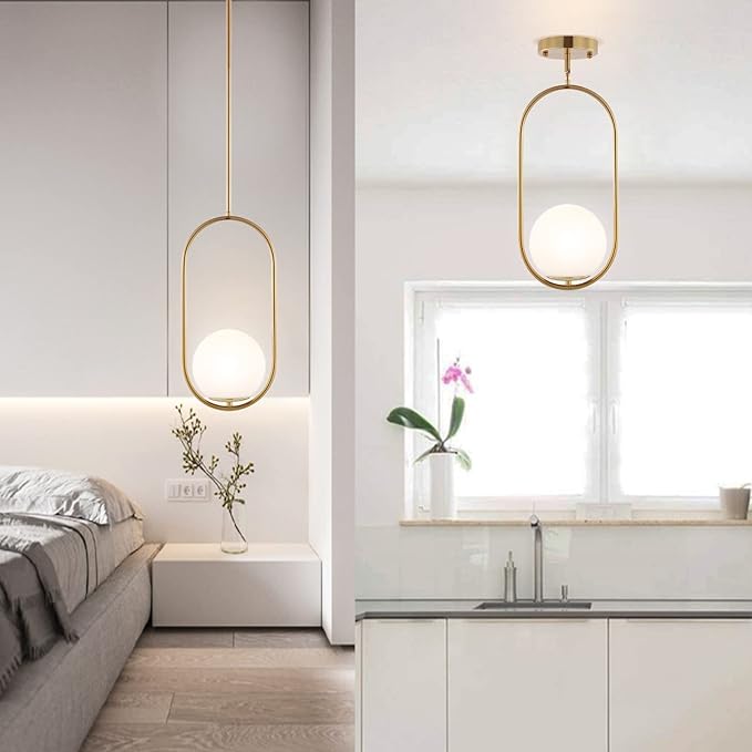Modern Gold Globe Pendant Light Mid Century Chandelier 1-Light Brushed Brass Ceiling Hanging Lighting Fixture with White Globe Glass Lampshade for Kitchen Island Dining Room Bedroom (2 Pack)