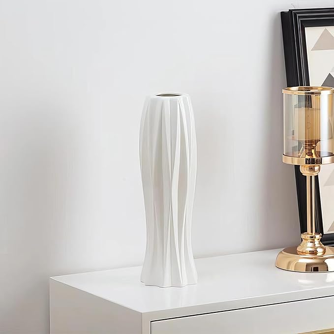 12Inch Tall Ceramic White Flower Vase,Home Decor White Vases for Pampas Grass,Modern Textured Vases for Living Room Decorations,Table Centerpieces,Shelf,Farmhouse Small Ceramic Vase