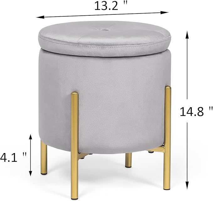 Adeco Upholstered Tufted Round Storage Ottomans, Grey Modern Velvet Footrest Ottomans with Storage for Couch