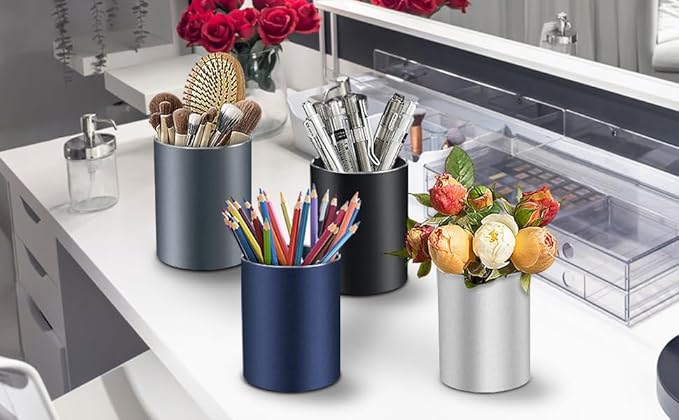 RQB Metal Pen Holder for Desk Square Aluminum Desktop Organizer and Makeup Brush Holder Storage Box for Office, School, Home, and Kids, Non-slip silicone 4×3.15inch (Black)