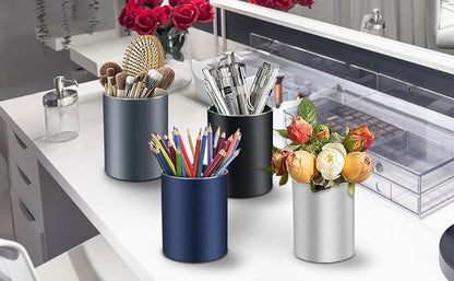 RQB Metal Pen Holder for Desk Square Aluminum Desktop Organizer and Makeup Brush Holder Storage Box for Office, School, Home, and Kids, Non-slip silicone 4×3.15inch (Black)