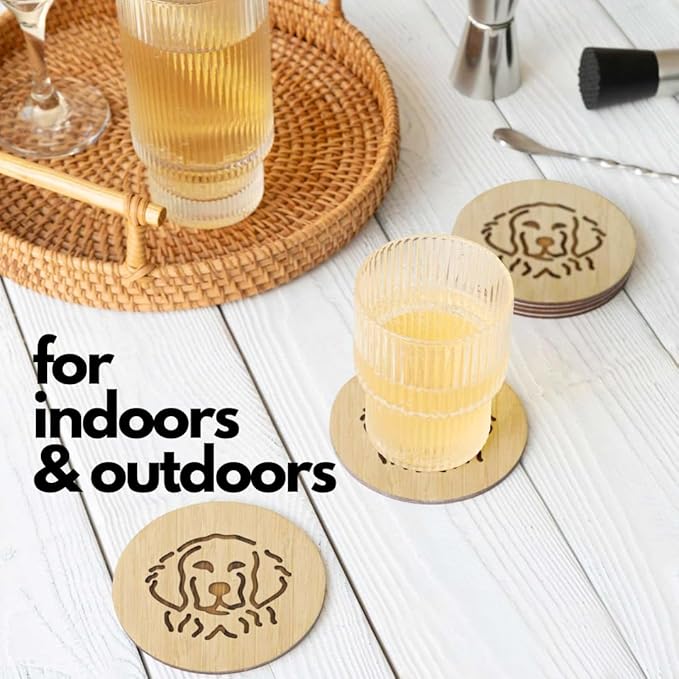 Set of 6 Bamboo Coasters with Holder - 3.9 Inch Fun Dog Coasters - Non-Stick Absorbent Engraved Laser-Cut - Durable, Washable (Retriever)