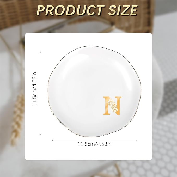 Initials Ring Dish Jewery Tray with Personalized N Monogrammed, Decorative Trinket Dish for Rings Earrings Necklaces Bracelet Watch Keys, Women Wife Friend Birthday Wedding Christmas Gifts