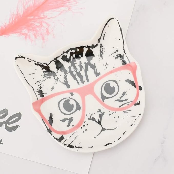 Stephanie Imports Cat with Pink Glasses Ceramic Trinket Plate and Decorative Jewelry Dish