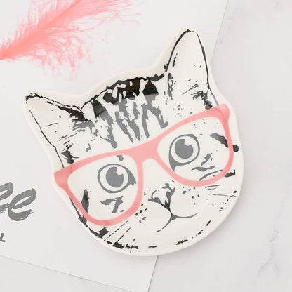 Stephanie Imports Cat with Pink Glasses Ceramic Trinket Plate and Decorative Jewelry Dish