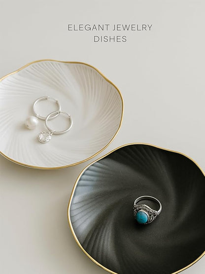 Ceramic Jewelry Tray with Gold Edge, 5 Inch Modern Trinket Dish for Rings, Bracelets & Earrings, Elegant Dresser Organizer (White)
