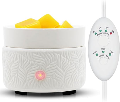 Candle Wax Melts Warmer Burner - Ceramic Essential Oil Warmer 3-in-1 candle warmer Timer Adjust Fragrance Intensity Auto Shut Off for Scented Wax Tart Cube Aromatherapy Home Office Bedroom Decor Gifts