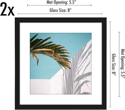 Americanflat 8x8 Picture Frame with Shatter-Resistant Glass - Set of 2 - Use as 6x6 Frame with Mat or Display 8x8 Photo Without Mat - Streamline Collection - Square Frames for Tabletop or Wall - Black