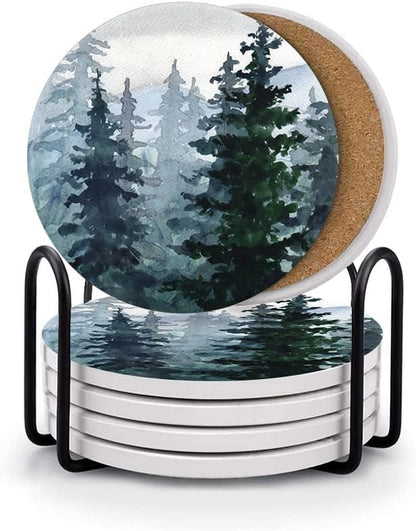 HUXJOKO Coasters for Drinks Set of 6,Watercolor Pine Forest Mountains Absorbent Ceramic Coaster,Round Stone Mat,with Cork Base and Metal Holder for Coffee Table Room Bar Home Decor Housewarming Gifts