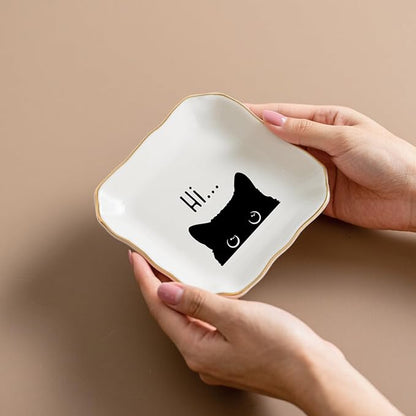 Cute Cat Themed Gifts, Ceramic Jewelry Dish Tray Holder, Trinket Dish, Funny Gifts for Cat Lover Owner Women Friend Birthday, Home Living Room Shelf Desk Table Decor