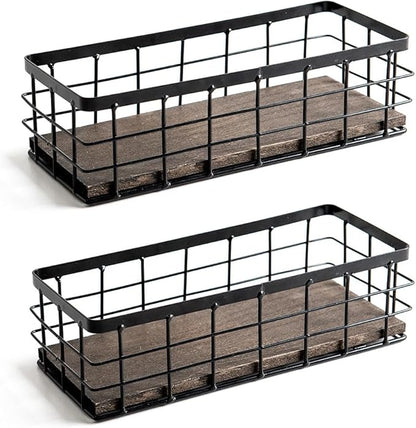 ROSE BLOOM Small Metal Wire Storage Basket, Decorative Wood Base Organizer Bins for Bathroom, Kitchen, Laundry Room, Pantry, Basket for Toilet Paper, Fruits, Spices (2 Pack)