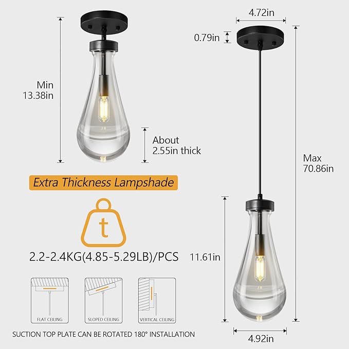 Raindrop Pendant Lights Kitchen Island Set of 3 Teardrop Black Hanging Light Fixtures Clear Solid Glass Pendant Light Modern Chandeliers for Dining Room Porch Corridor Living Room