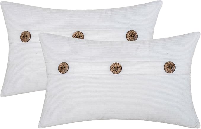 HWY 50 White Chenille Throw Pillow Covers 12x20 Inch with Triple Buttons, Soft Farmhouse Accent Decorative Cushion Cases for Couch Sofa Bed Living Room Pack of 2 Rectangle