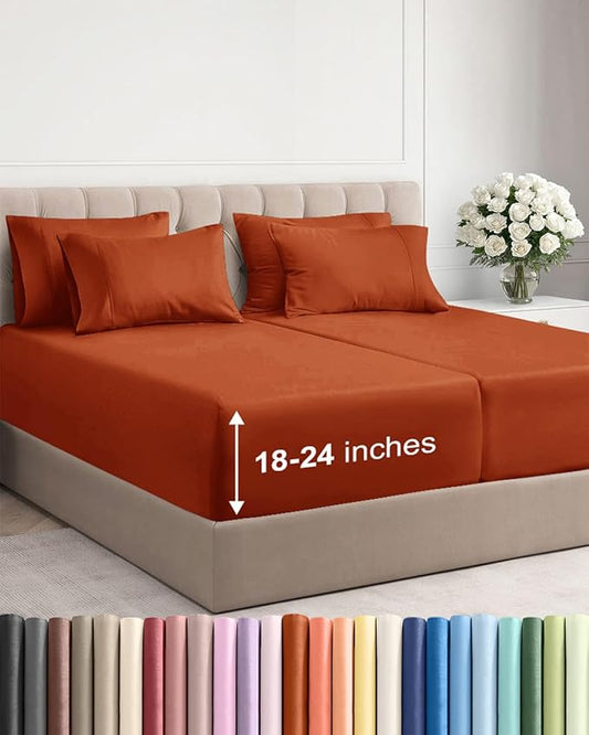 Extra Deep Split King Sheet Set - 7 Piece Breathable & Cooling Sheets - Hotel Luxury Bed Sheets Set - Easy Fit - Soft, Wrinkle Free & Comfy Sheets Set - Terracotta Sheet Set with Extra Deep Pockets