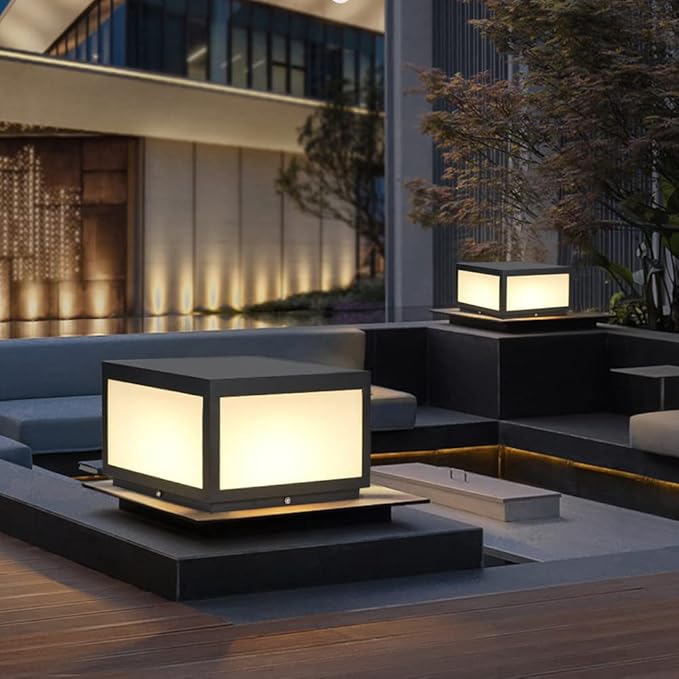 Outdoor Modern Stainless Steel Post Light, LED Fence Deck Cap Light Lantern Column Lamp for Flat Surface Patio Garden Decoration with IP54 Waterproof E26 Bulb (W11.8*H6.5 110V)