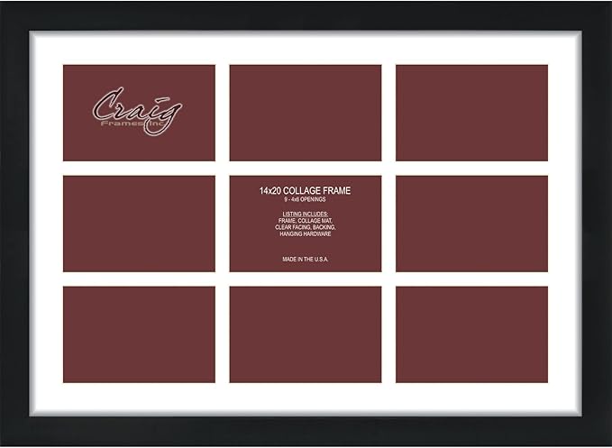 Craig Frames Contemporary, 14x20 Black Picture Frame with White Collage Mat, 9 Openings for 4x6 Prints
